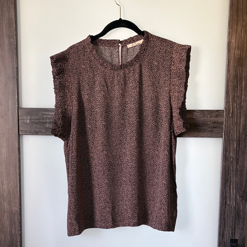 Textured Ruffle Sleeve Blouse in Brown and Black